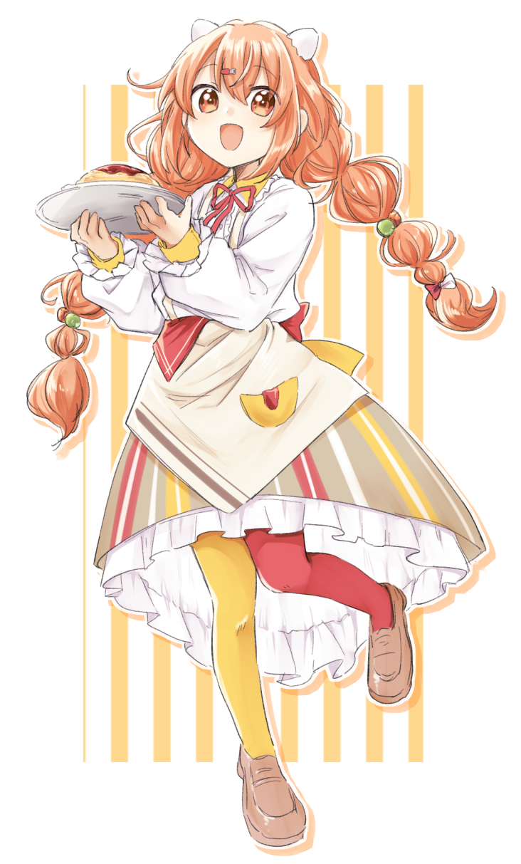 1girl, apron, asymmetrical_legwear, blush, braid, brown_apron, brown_shoes, brown_skirt