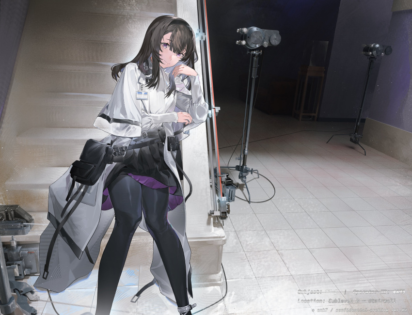 1girl, absurdres, ananke_7, arknights, black_hair, black_pantyhose, black_skirt, closed_mouth, coat, hashtag-only_commentary, highres, id_card, indoors, lab_coat, light_smile, long_sleeves, looking_at_viewer, medium_hair, pantyhose, priestess_(arknights), skirt, solo, stairs, standing, sweater, violet_eyes, white_coat, white_sweater