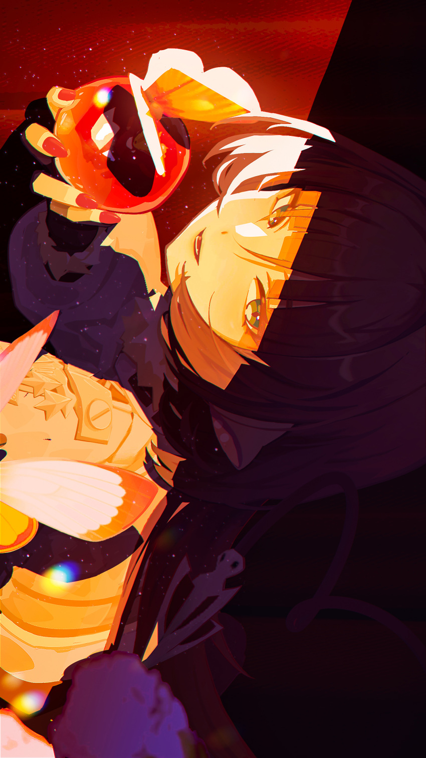 1girl, absurdres, animal_ears, apple, black_gloves, black_hair, bug, butterfly