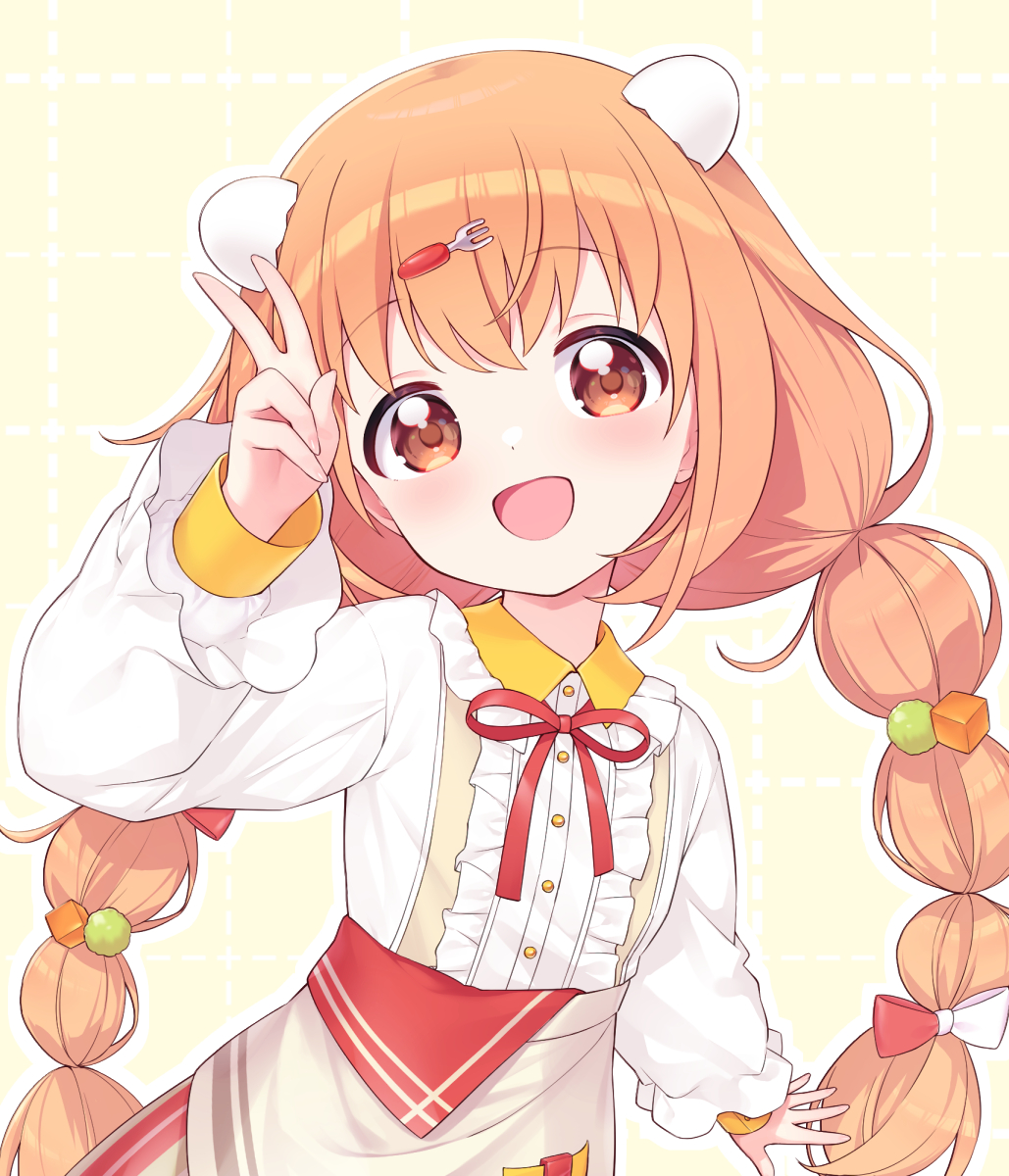 1girl, apron, ariel23795, blush, braid, brown_apron, center_frills, collared_dress