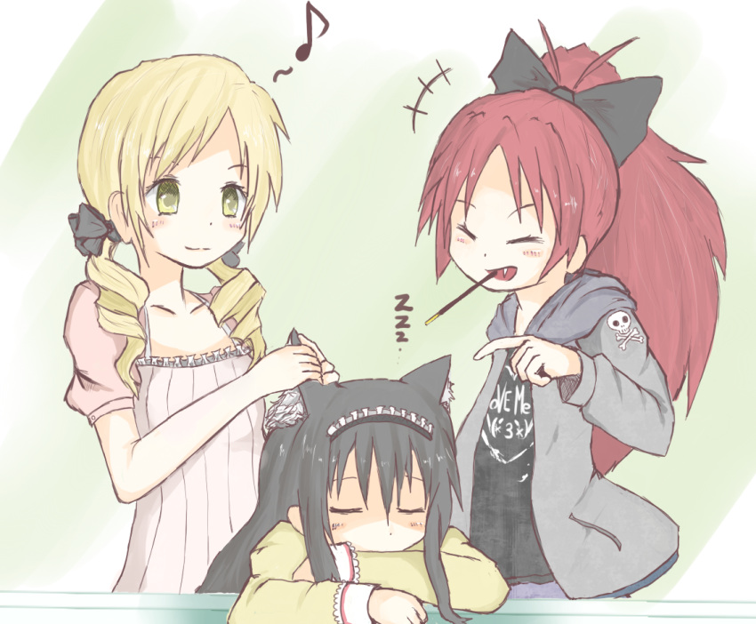 3girls, akemi_homura, animal_ears, apron, black_hair, blonde_hair, cat_ears, closed_eyes