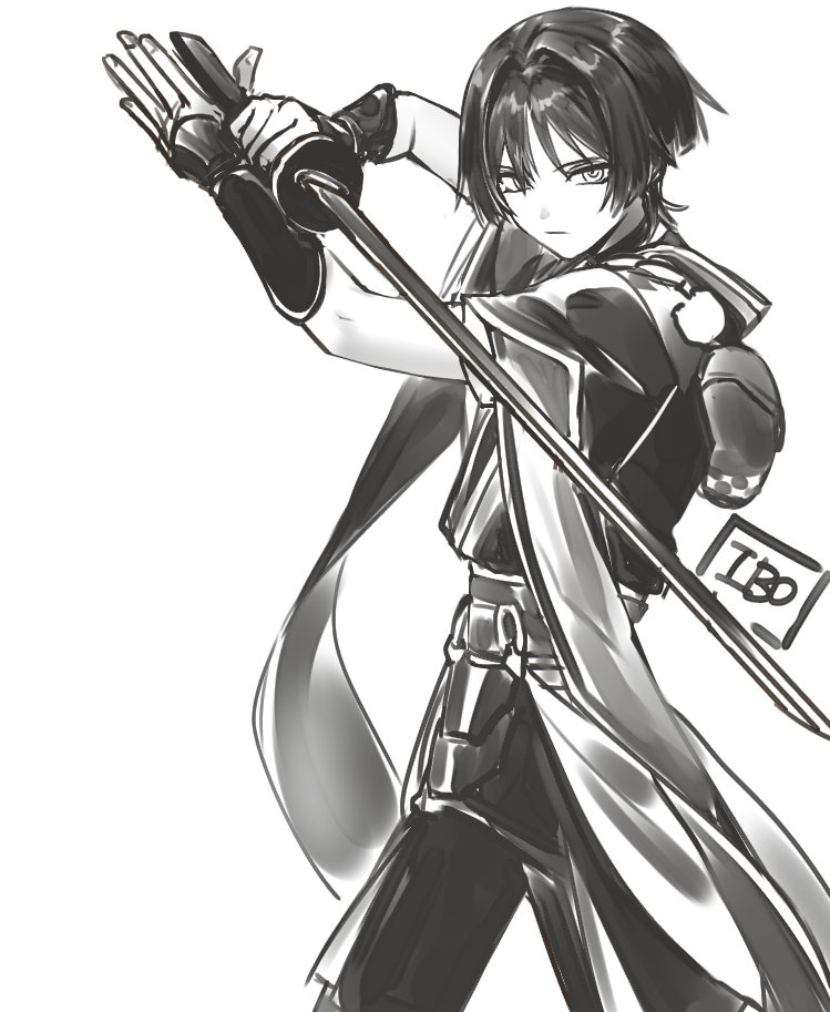 1boy, 49ibo240, armor, arms_up, artist_name, bag, blunt_ends, closed_mouth