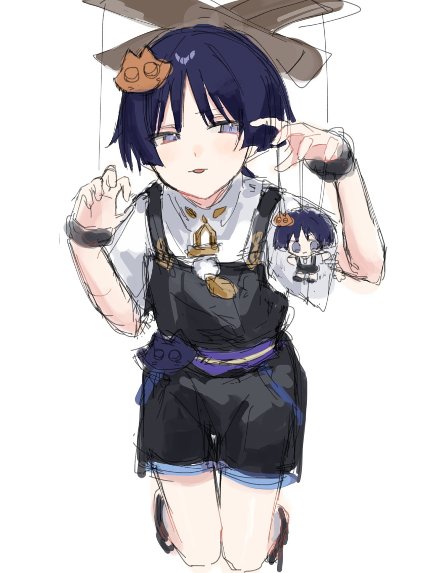 1boy, 624_itumo, black_hair, black_overalls, blunt_ends, casual, cat_hair_ornament, character_doll, contemporary, doll, feathers, fur_wrist_cuffs, genshin_impact, hair_ornament, halloween, halloween_costume, hands_up, highres, kneeling, male_focus, marionette, marionette_controller, official_alternate_costume, open_hands, overalls, paw_pose, pom_pom_(clothes), puppet, puppet_strings, scaramouche_(genshin_impact), shirt, short_sleeves, sketch, solo, tongue, tongue_out, tsurime, undershirt, violet_eyes, wanderer_(genshin_impact), white_shirt, white_sleeves, wispy_bangs, wrist_cuffs, yellow_feathers