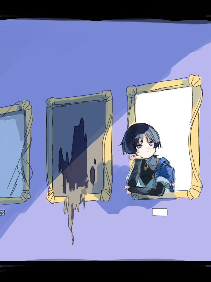 1boy, 624_itumo, :t, arm_rest, armor, black_bodysuit, black_bridal_gauntlets, blue_cape