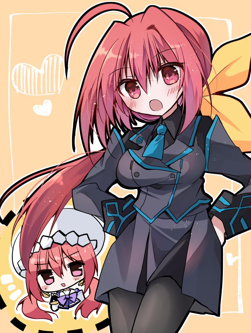 2girls, absurdres, ahoge, black_pantyhose, black_shirt, blue_necktie, blush, bow, breasts, grey_jacket, grey_skirt, hair_intakes, hakuryou_high_school_uniform, hands_on_own_hips, hat, highres, jacket, juliet_sleeves, kagami_sumika, long_hair, long_sleeves, low_ponytail, mameguri, medium_breasts, military_uniform, multiple_girls, muv-luv, muv-luv_alternative, muv-luv_girls_garden, necktie, pantyhose, pico_(muv-luv_girls_garden), pink_eyes, ponytail, puffy_sleeves, red_eyes, red_hair, school_uniform, shirt, skirt, twintails, un_uniform_(muv-luv), very_long_hair, yellow_bow