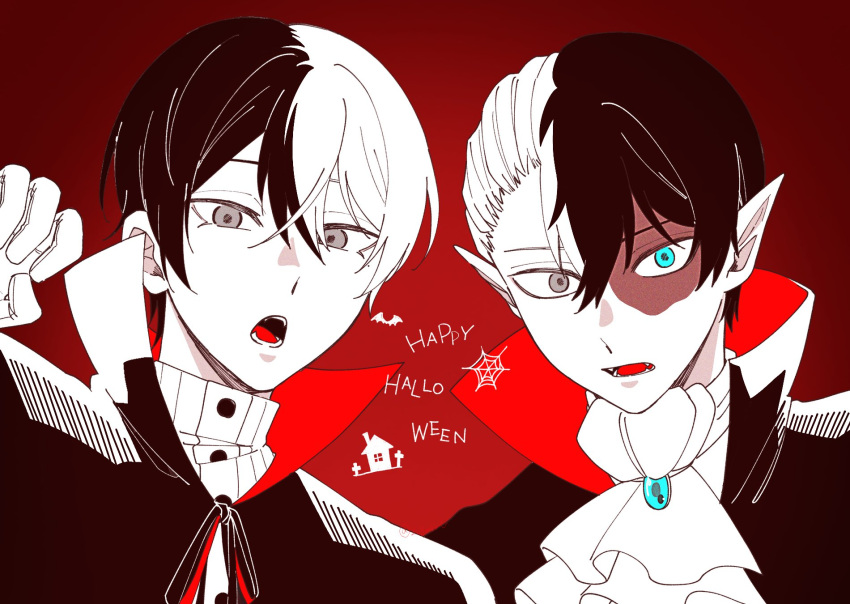 2boys, aoyagi_touya, bat_(animal), blue_eyes, boku_no_hero_academia, commentary, crossover, gloves, hair_between_eyes, halloween, hand_up, happy_halloween, heterochromia, high_collar, highres, looking_at_viewer, male_focus, mole, mole_under_eye, multicolored_hair, multiple_boys, open_mouth, pointy_ears, project_sekai, red_background, scar, scar_on_face, shikkaku_(2_3mlol), short_hair, silk, spider_web, split-color_hair, symbol-only_commentary, teeth, todoroki_shoto, two-tone_hair, upper_body, vampire_costume