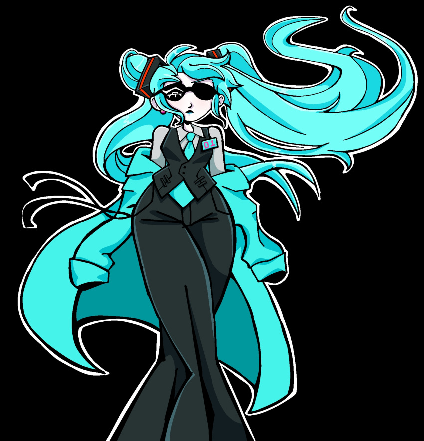black_background, blue_coat, blue_hair, blue_lips, coat, earrings, hatsune_miku, highres