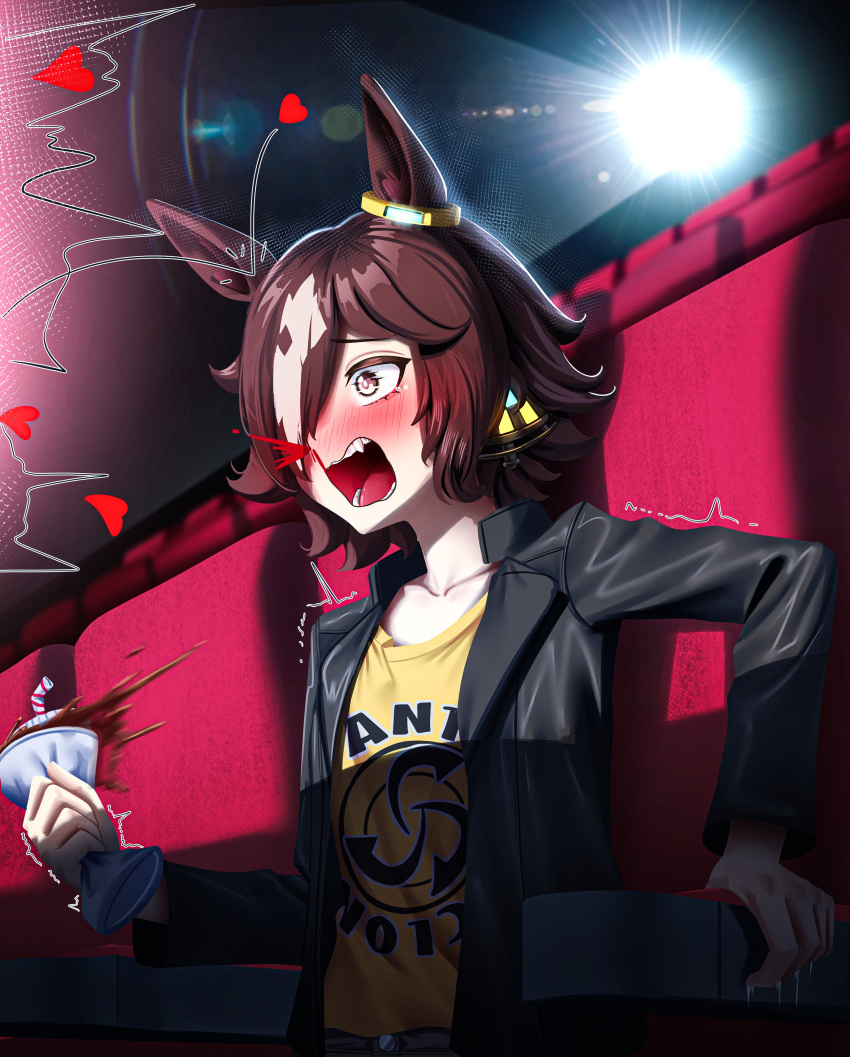 1girl, absurdres, animal_ears, aroused_nosebleed, black_jacket, blood, blush, breasts