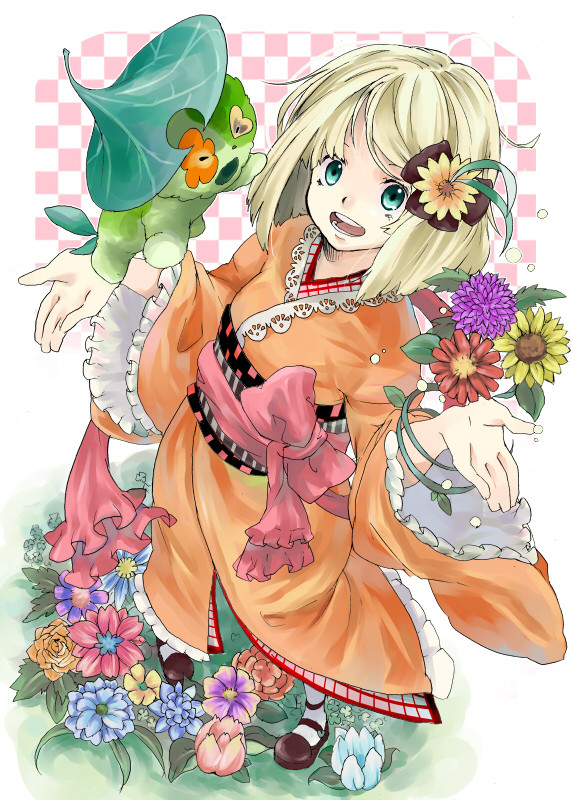 aqua_eyes, bad_id, blonde_hair, flower, green_eyes, hair_flower, hair_ornament, hirasaka_(okome13)