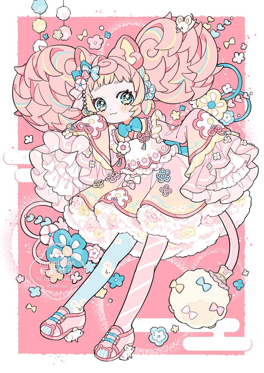 1girl, :3, amaharu_wasure, animal_ears, asymmetrical_legwear, blue_pantyhose, blush_stickers, border
