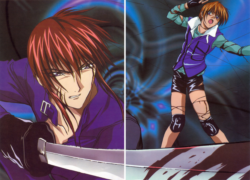 1990s_(style), 2boys, absurdres, black_gloves, brown_eyes, brown_hair, fingerless_gloves, fujimiya_ran