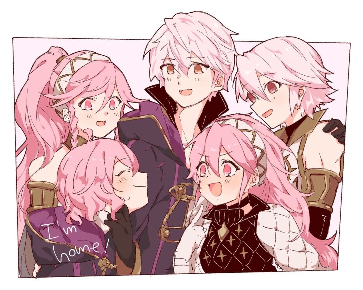 2boys, 3girls, aunt_and_niece, bad_id, bad_twitter_id, bare_shoulders, blush, braid