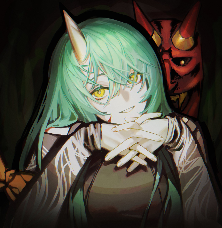 1girl, arknights, arknights_yuu12, black_shirt, bright_pupils, commentary, fingernails, green_hair