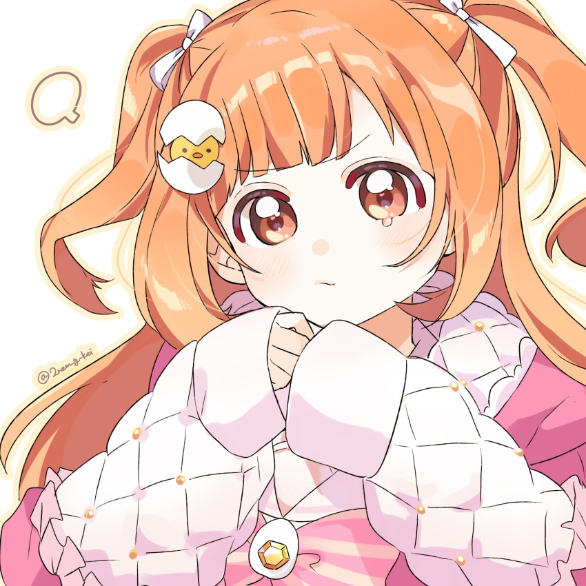 1girl, 2nem_g_kti, blush, bow, bowtie, closed_mouth, egg_hair_ornament, food-themed_hair_ornament, frilled_jacket, frills, furrowed_brow, gem, hair_ornament, hair_ribbon, hands_up, highres, hood, hooded_jacket, jacket, kirara_tamako, kirara_tamako_(2nd_costume), long_hair, long_sleeves, nijisanji, open_clothes, open_jacket, orange_eyes, orange_hair, outline, pink_bow, pink_bowtie, pink_jacket, portrait, puff_of_air, puffy_long_sleeves, puffy_sleeves, ribbon, sailor_collar, shirt, simple_background, sleeves_past_wrists, solo, striped_bow, striped_bowtie, striped_clothes, tearing_up, twitter_username, two-sided_fabric, two-sided_jacket, two_side_up, virtual_youtuber, white_background, white_ribbon, white_sailor_collar, white_shirt, yellow_gemstone, yellow_outline