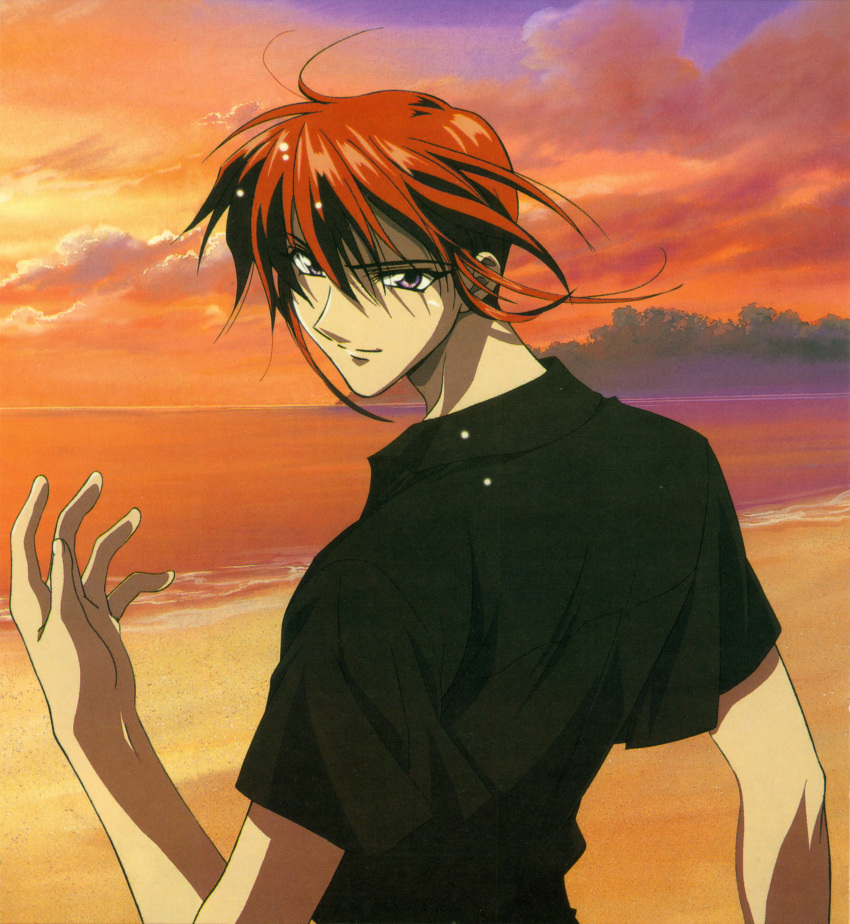 1990s_(style), 1boy, absurdres, beach, black_shirt, brown_eyes, closed_mouth, clouds