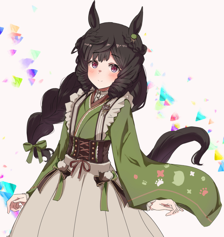 1girl, black_hair, blue_eyes, blush, braid, braided_ponytail, brown_corset, closed_mouth