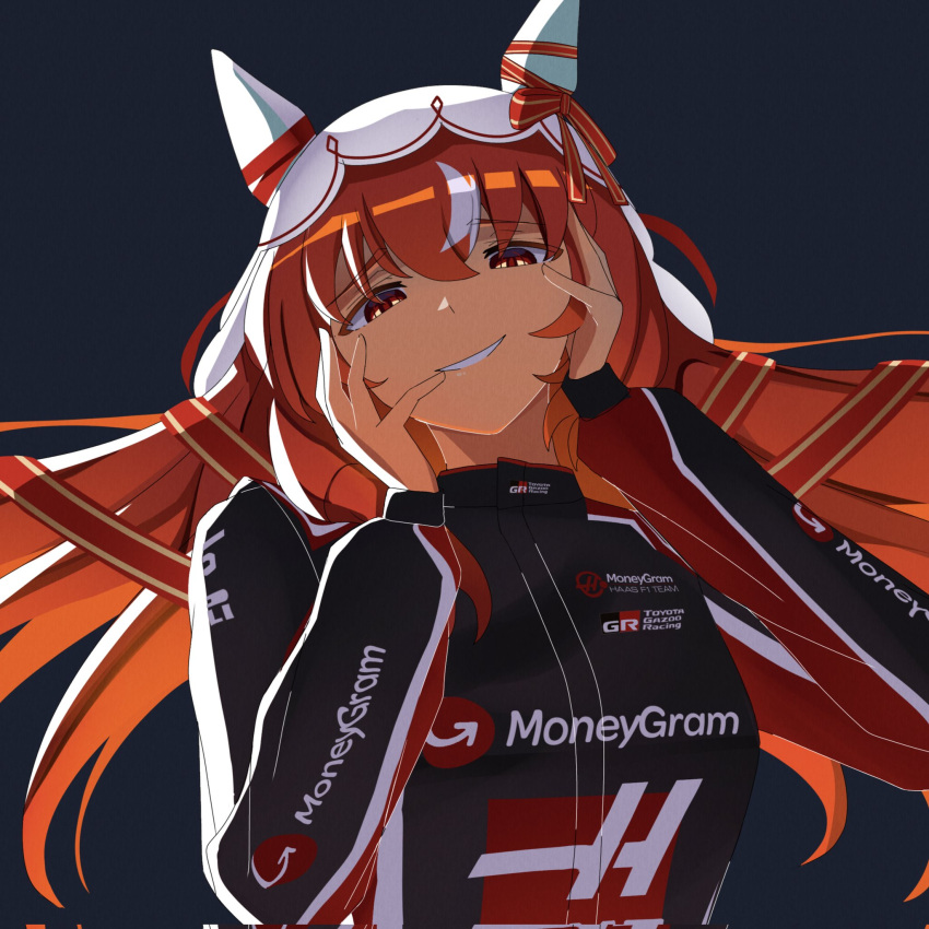 1girl, animal_ears, black_racing_suit, breasts, brown_hair, ear_covers, ear_ribbon, formula_one