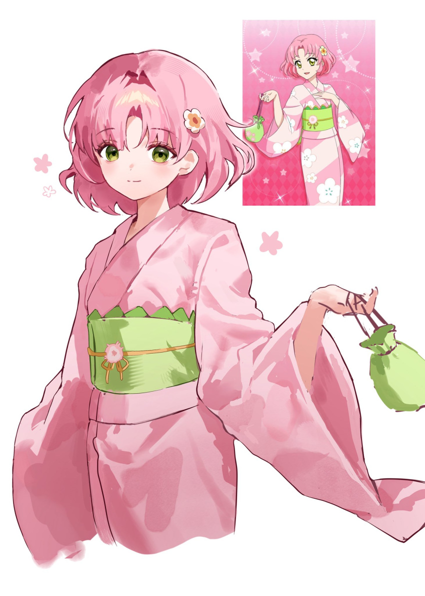 1girl, aeri_(aerikatsu), aikatsu!, aikatsu!_(series), bag, closed_mouth, cowboy_shot, flower, green_eyes, green_sash, hair_flower, hair_ornament, highres, holding, holding_bag, japanese_clothes, kimono, kitaoji_sakura, long_sleeves, looking_at_viewer, obi, parted_bangs, pink_hair, pink_kimono, reference_inset, sash, short_hair, simple_background, smile, solo, standing, white_background, wide_sleeves