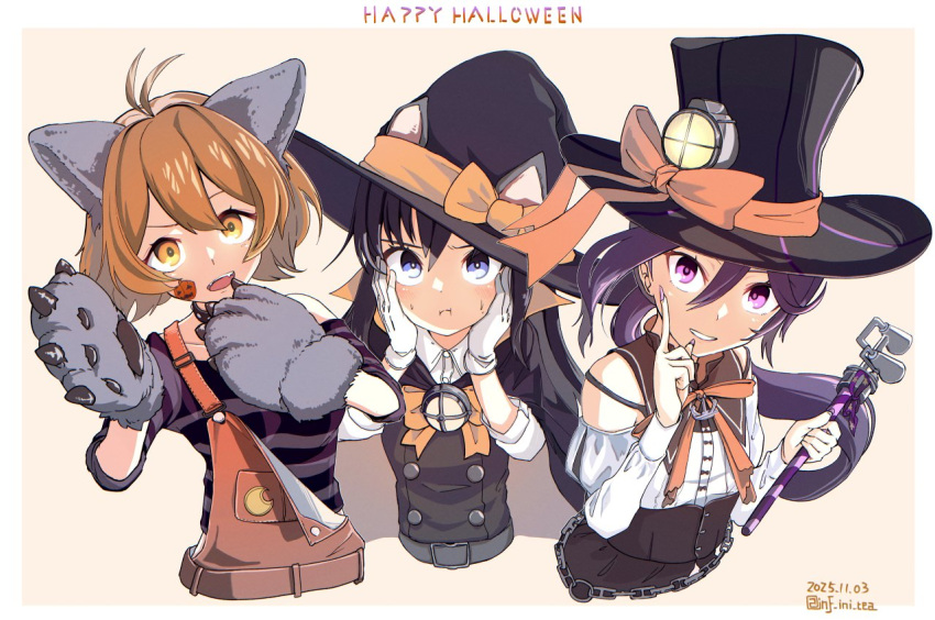 3girls, akebono_(halloween)_(kancolle), akebono_(kancolle), akebono_kai_ni_(kancolle), animal_ears, animal_hands, asashio_(halloween)_(kancolle), asashio_(kancolle)