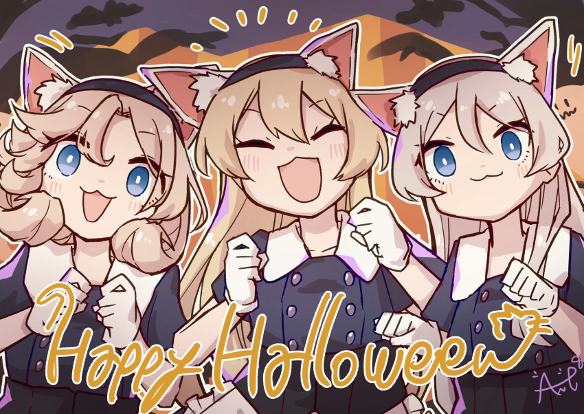 3girls, ane_hoshimaru, animal_ears, black_dress, blonde_hair, blue_hair, cat_ears, cosplay