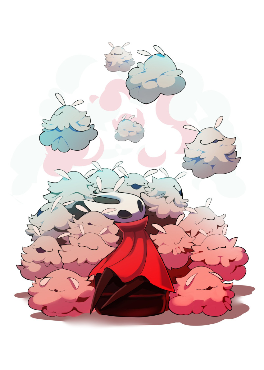 1girl, arthropod_girl, black_eyes, cloak, flea_(hollow_knight), fluffy, flying, highres