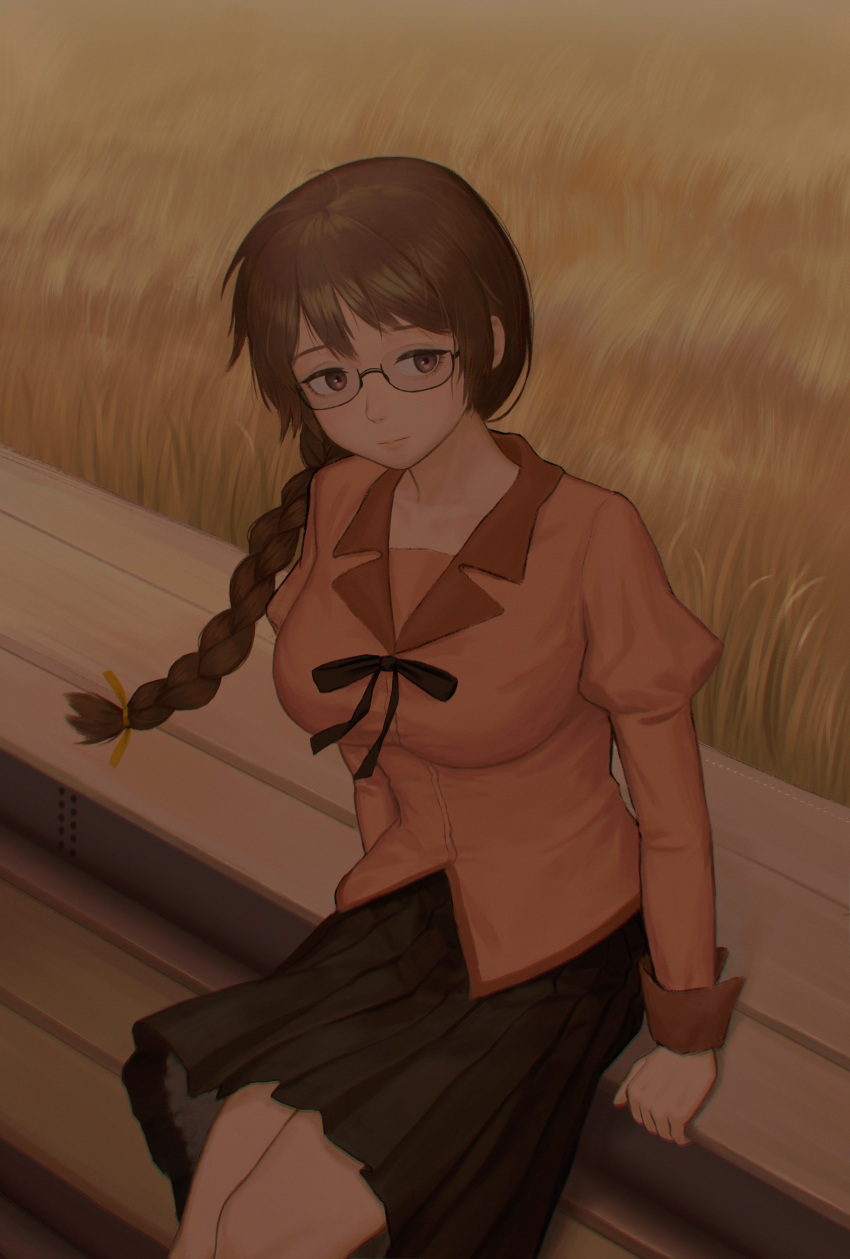 1girl, absurdres, black_skirt, breasts, brown_eyes, brown_hair, chinese_commentary, closed_mouth