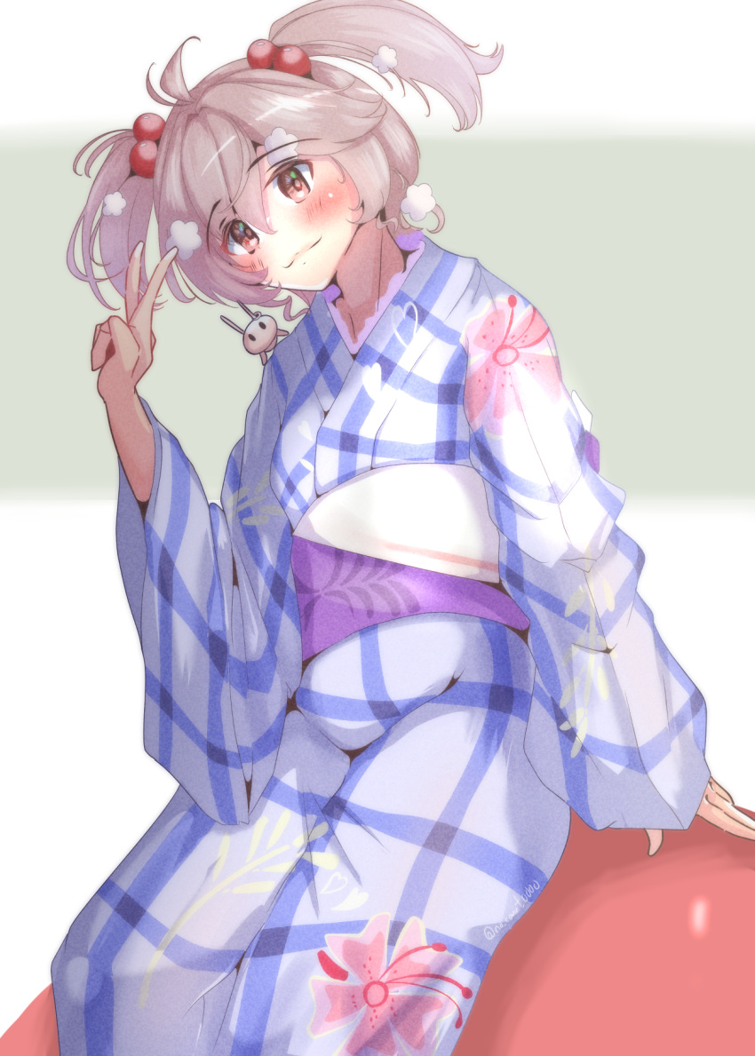 1girl, ahoge, animal_on_shoulder, cowboy_shot, gingham_kimono, hair_bobbles, hair_ornament, highres, index_finger_raised, japanese_clothes, kantai_collection, kimono, no_count_0000, obi, pink_eyes, pink_hair, purple_kimono, purple_scrunchie, rabbit_on_shoulder, sash, sazanami_(kancolle), sazanami_(yukata)_(kancolle), scrunchie, short_hair, sitting, twintails, yukata