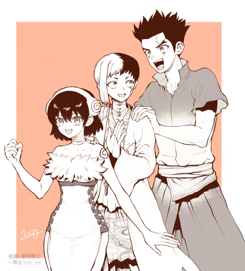 1girl, 2boys, asagiri_gen, black_hair, breasts, cross-laced_clothes, dr._stone, dress