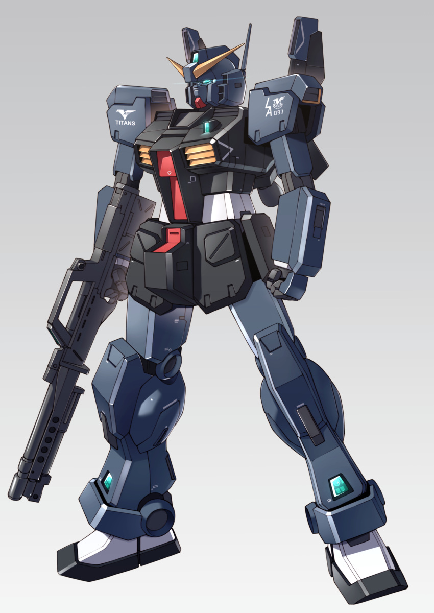 absurdres, arms_at_sides, beam_rifle, clenched_hand, commentary_request, energy_gun, full_body, green_eyes