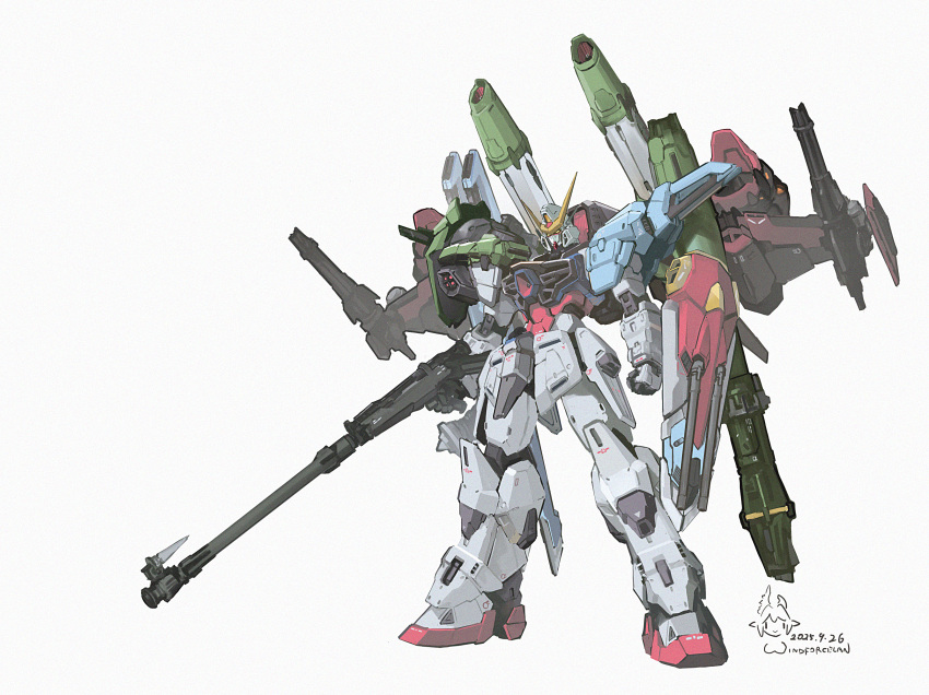arms_at_sides, artist_name, beam_rifle, calamity_gundam, chinese_commentary, clenched_hand, commentary_request, dated
