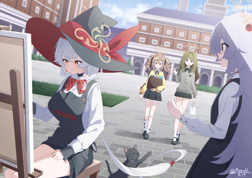 4girls, bag, black_cat, blue_archive, canvas_(object), cat, commentary_request, eri_(blue_archive)