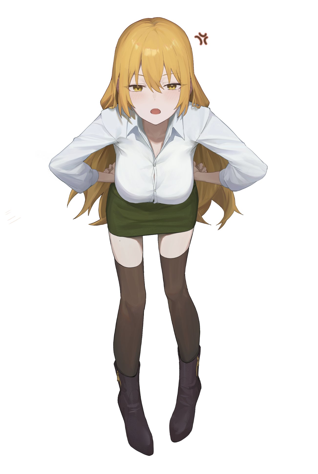 1girl, ankle_boots, black_boots, blonde_hair, boots, breasts, brown_thighhighs, collar