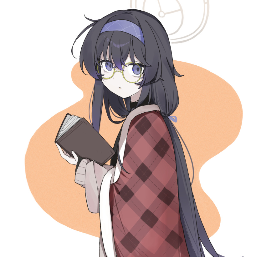 1girl, black_hair, blue_archive, blue_hairband, book, free_donut, glasses, hair_between_eyes, hair_ribbon, hairband, halo, highres, holding, holding_book, long_hair, long_sleeves, looking_at_viewer, pale_skin, plaid_clothes, ponytail, ribbon, ui_(blue_archive), upper_body, very_long_hair, violet_eyes, yellow-framed_eyewear