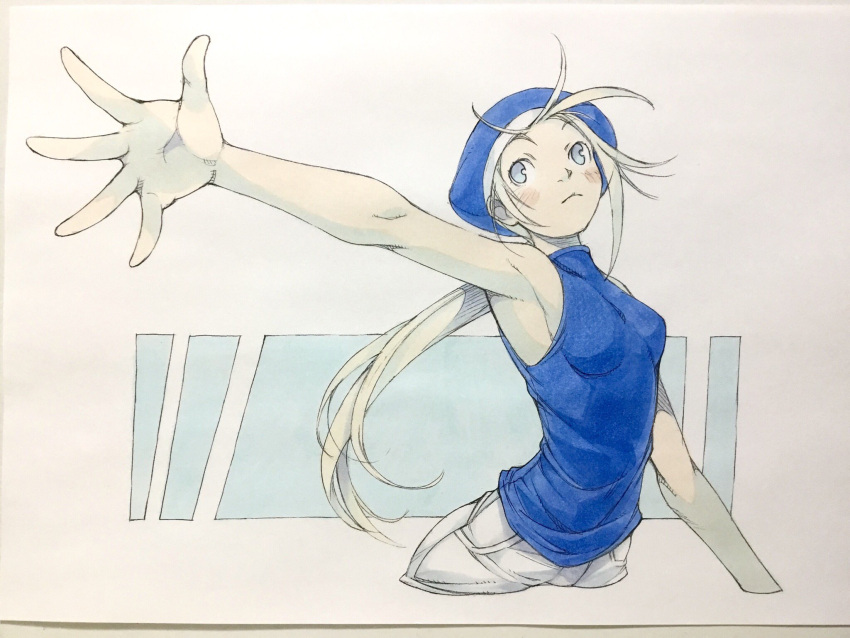 1girl, :<, armpits, bare_arms, blonde_hair, blue_eyes, blue_hat, blue_shirt