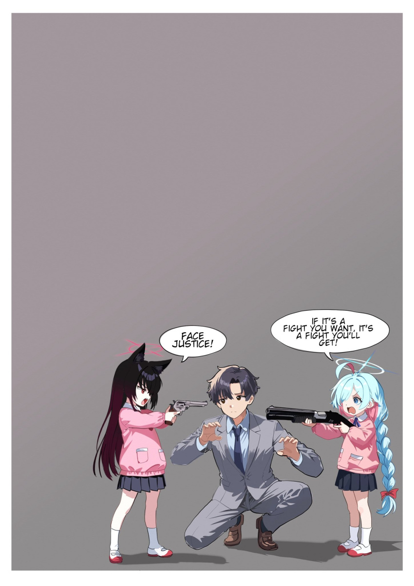 1boy, 2girls, aged_down, ahoge, aiming, animal_ear_fluff, animal_ears, bilingual_commentary