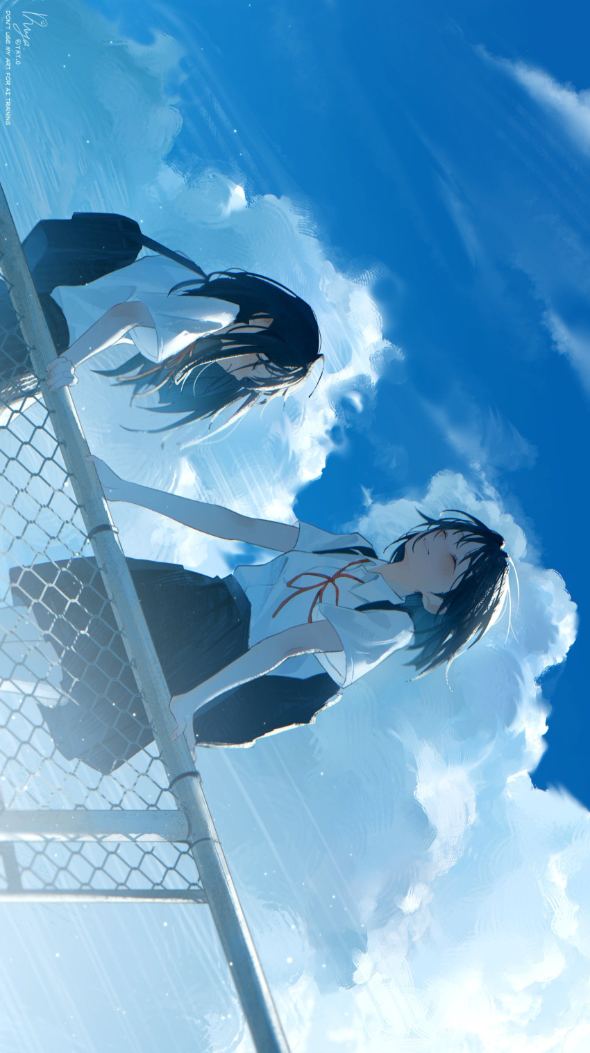 2girls, absurdres, black_bag, black_hair, black_skirt, blue_sky, chain-link_fence, closed_mouth