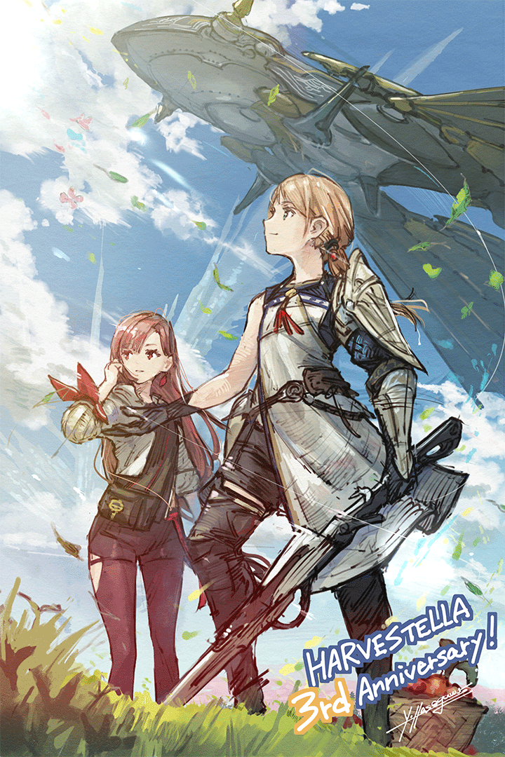 1boy, 1girl, anniversary, aria_(harvestella), black_gloves, black_shorts, blonde_hair, blue_eyes