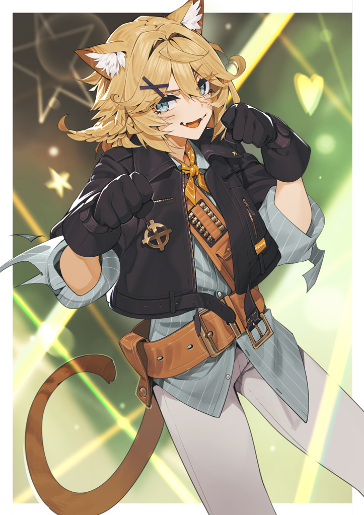 1girl, animal_ears, aqua_eyes, aqua_shirt, belt, black_gloves, black_jacket, blonde_hair