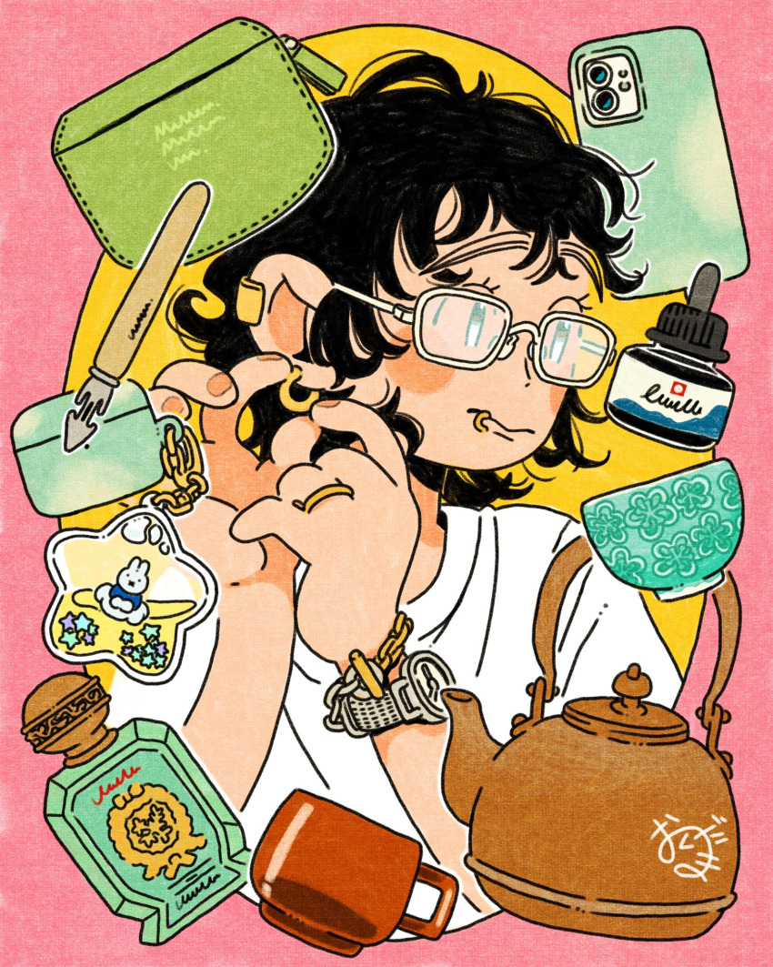 1girl, adjusting_earrings, black_hair, blush_stickers, border, cellphone, commentary, curly_hair, earrings, face_piercing, glasses, highres, jewelry, lip_piercing, looking_ahead, o_ku_da_ma, original, phone, piercing, pink_border, ring, short_hair, smartphone, solo, teapot, upper_body, watch, watch