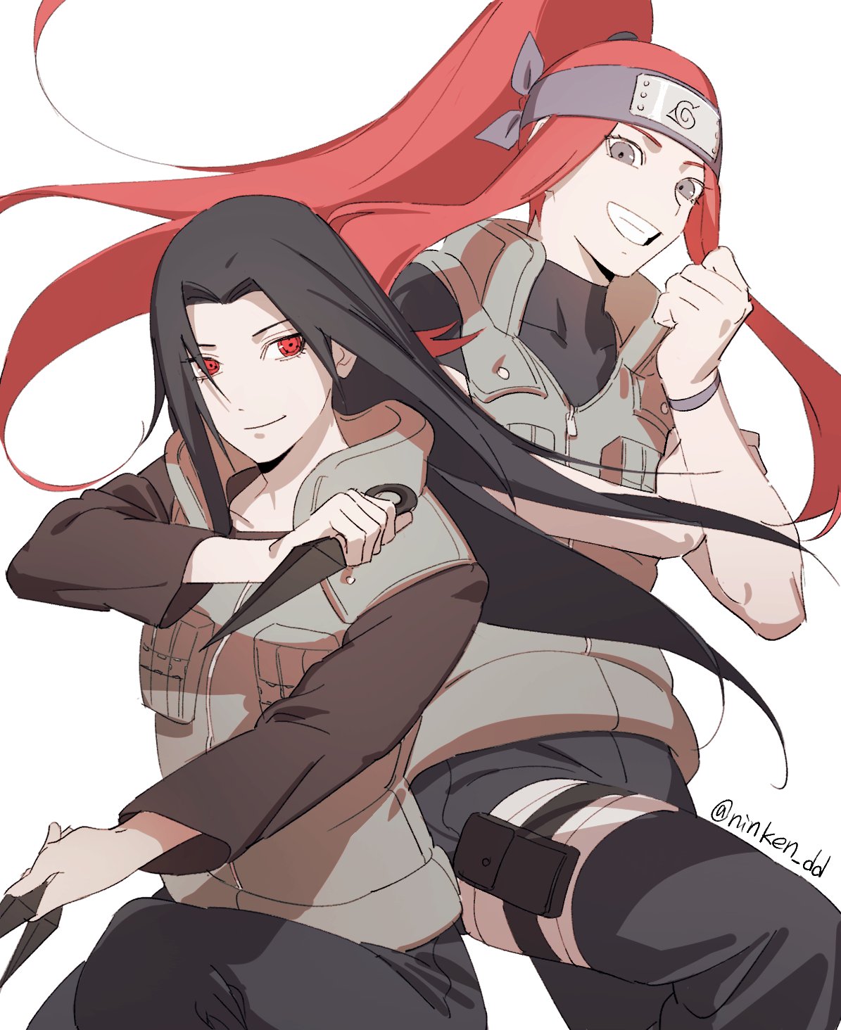 2girls, alternate_costume, artist_name, bandaged_leg, bandages, bandages_over_clothes, black_hair, black_shirt