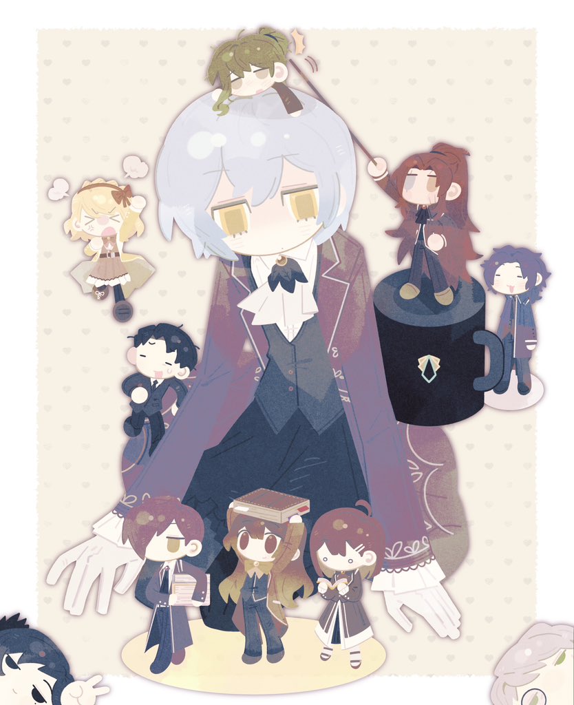 >_<, 5boys, 5girls, angela_(project_moon), arm_up, ascot, binah_(project_moon), blue_coat