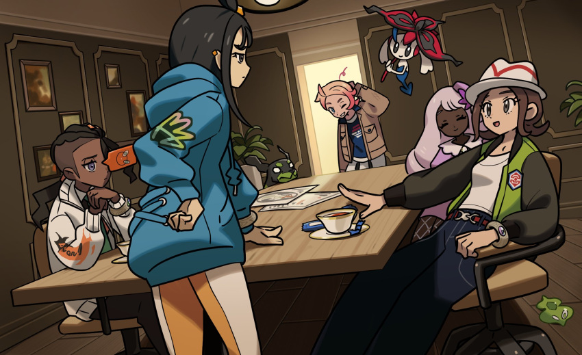 2boys, 3girls, bell-bottoms, black_hair, blonde_hair, brown_hair, dark-skinned_female, dark_skin
