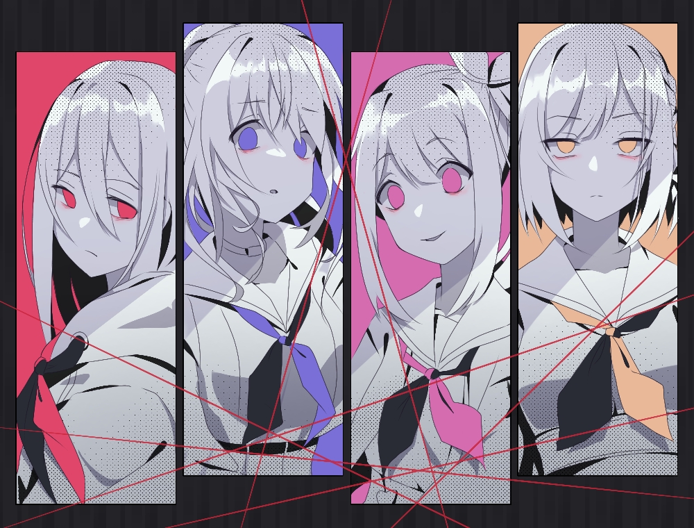 1other, 25-ji_nightcord_de._(project_sekai), 3girls, akiyama_mizuki, alternate_eye_color, asahina_mafuyu, belt, black_belt