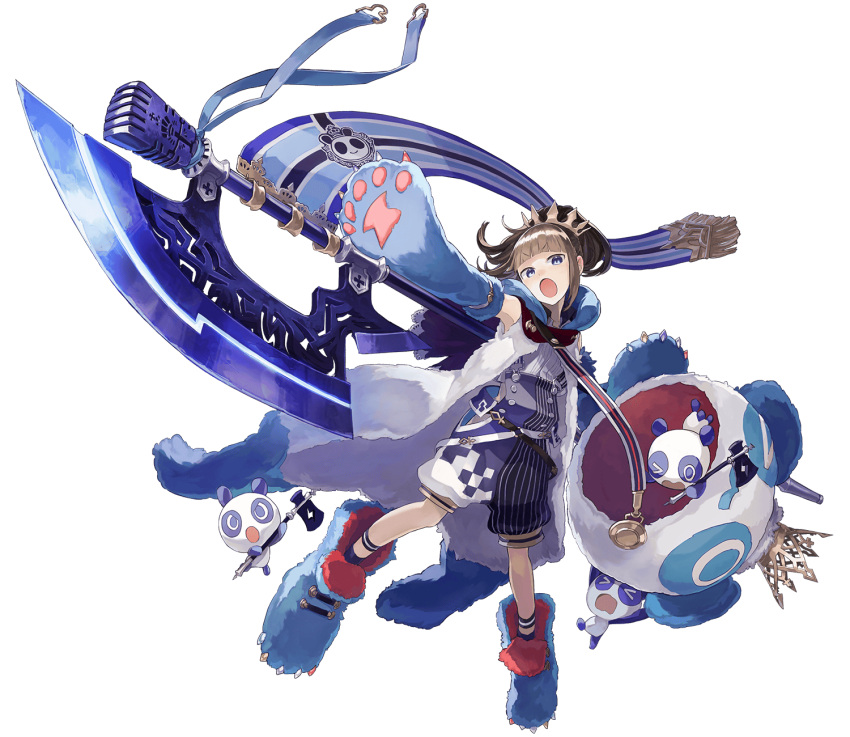 1girl, :o, animal_hands, axe, battle_axe, blue_eyes, blunt_bangs, brown_hair