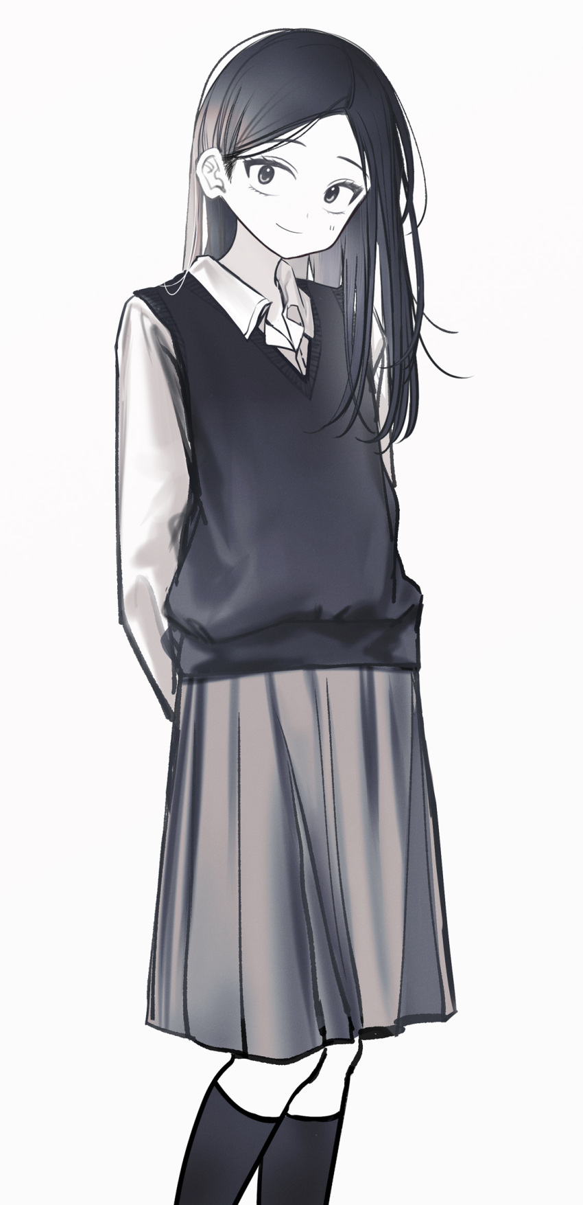 1girl, arms_behind_back, black_eyes, black_hair, black_socks, black_sweater_vest, blush, closed_mouth, collared_shirt, commentary_request, dress_shirt, feet_out_of_frame, flat_chest, futsuu_no_keion-bu, grey_skirt, hair_behind_ear, highres, light_smile, long_hair, muted_color, oomichi_yuuki, parted_bangs, pleated_skirt, shirt, simple_background, skirt, socks, solo, sweater_vest, urakko, white_background, white_shirt