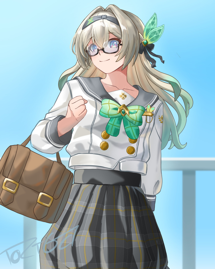 1girl, absurdres, bag, bespectacled, black-framed_eyewear, black_ribbon, blue_sky, bow