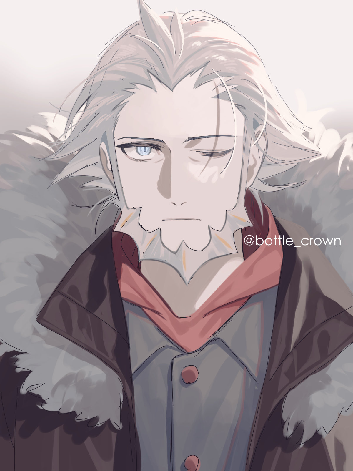 1boy, beard, bin_(bottle_crown), black_coat, closed_mouth, coat, dolustoy, facial_hair