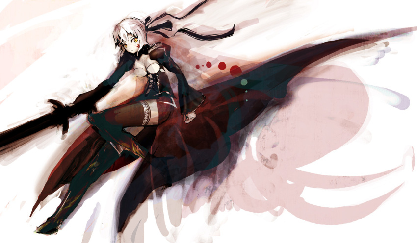 black_legwear, dark_persona, fate/extra, fate/stay_night, fate_(series), hair_ribbon, ribbon, saber