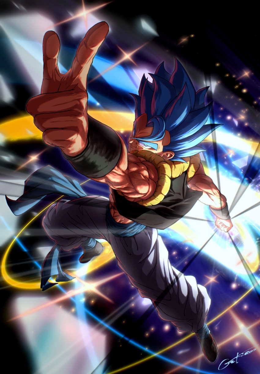 1boy, black_background, black_vest, blue_eyes, blue_hair, blue_sash, clenched_hand, cropped_vest