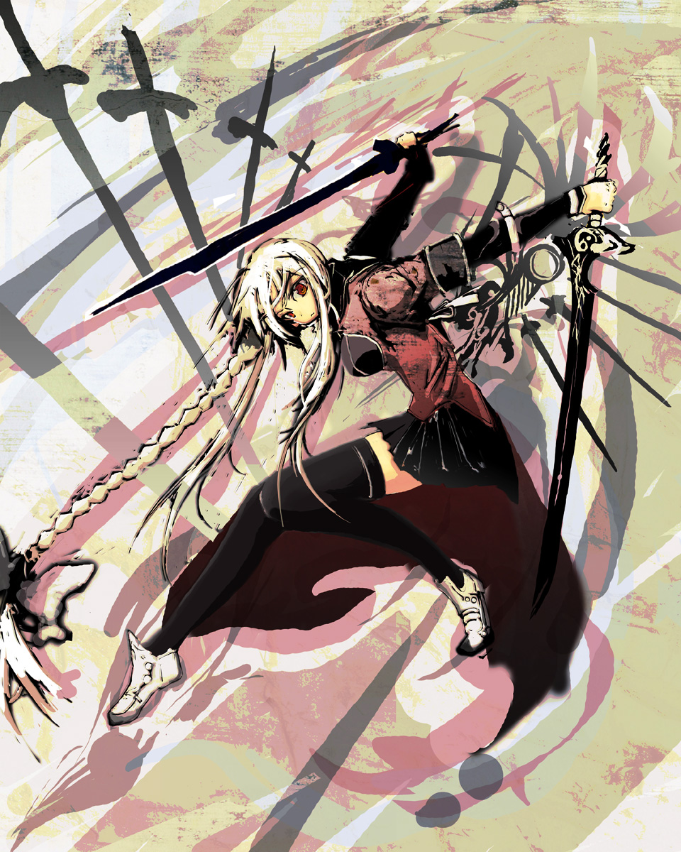 archerko, black_legwear, braid, dual_wielding, fate/stay_night, fate_(series), hair_ribbon, highres